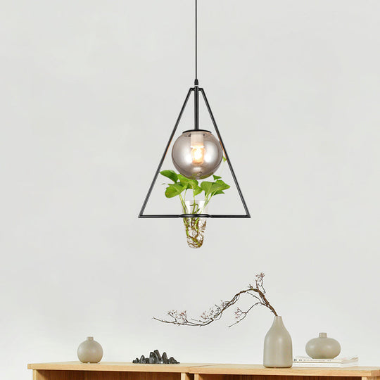 Gray Glass Orb Pendant Light With Triangle Frame And Plant Pot - Perfect For Bedroom Or Warehouse