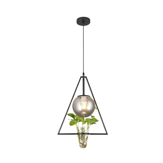 Smoke Gray Glass Pendant Light with Unique Triangle Frame and Plant Pot for Modern Bedroom