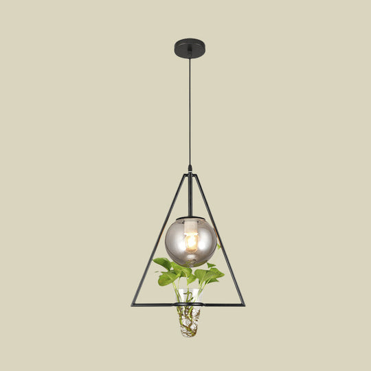 Gray Glass Orb Pendant Light With Triangle Frame And Plant Pot - Perfect For Bedroom Or Warehouse