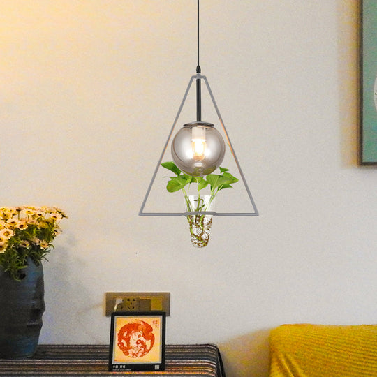 Smoke Gray Glass Pendant Light with Unique Triangle Frame and Plant Pot for Modern Bedroom