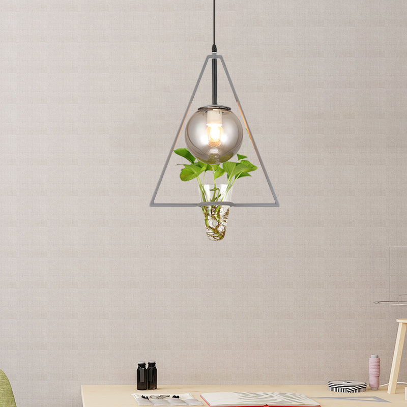 Smoke Gray Glass Pendant Light with Unique Triangle Frame and Plant Pot for Modern Bedroom