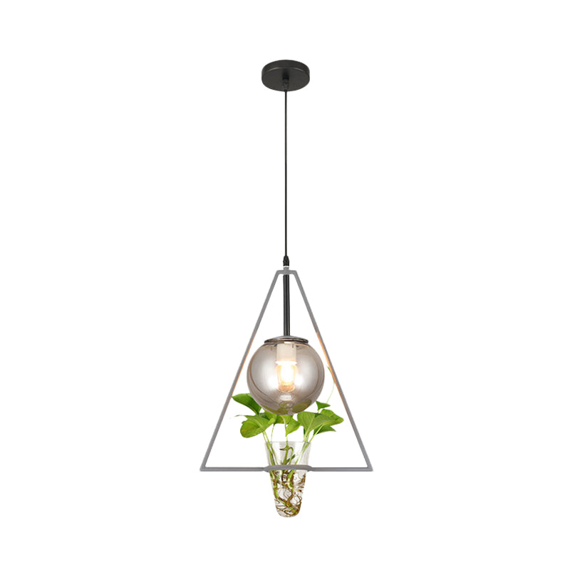 Gray Glass Orb Pendant Light With Triangle Frame And Plant Pot - Perfect For Bedroom Or Warehouse