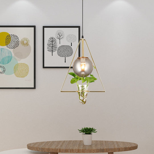 Smoke Gray Glass Pendant Light with Unique Triangle Frame and Plant Pot for Modern Bedroom