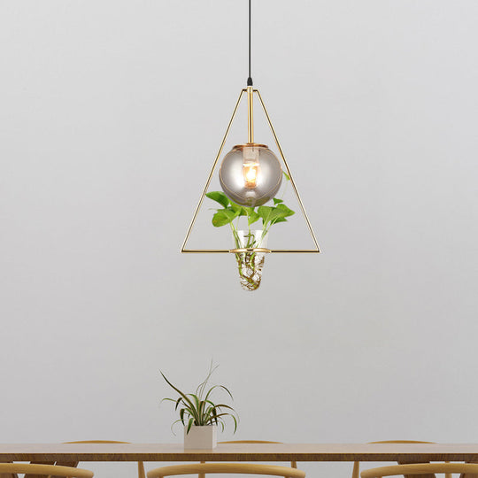 Smoke Gray Glass Pendant Light with Unique Triangle Frame and Plant Pot for Modern Bedroom