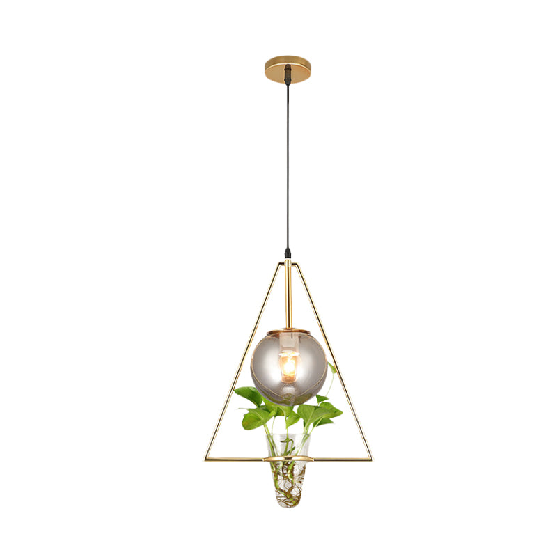 Gray Glass Orb Pendant Light With Triangle Frame And Plant Pot - Perfect For Bedroom Or Warehouse