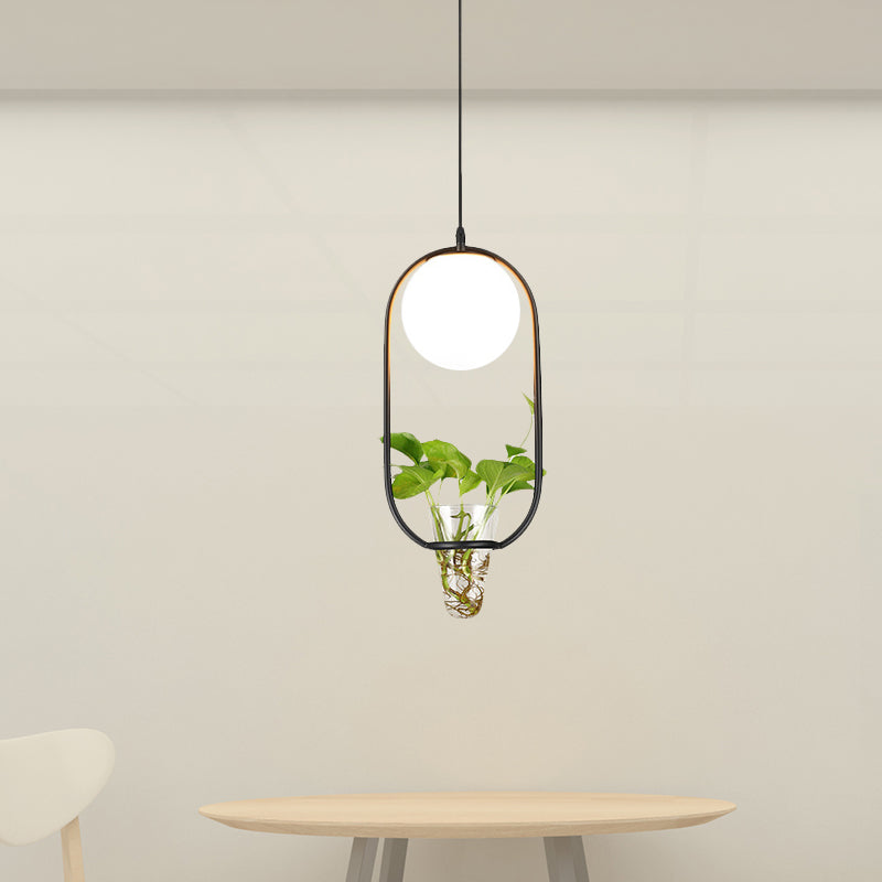 Opal Glass Pendant Light with Oblong Cage and Plant Cup - Modern Loft Style - Black/Grey/Gold - Ideal for Living Room