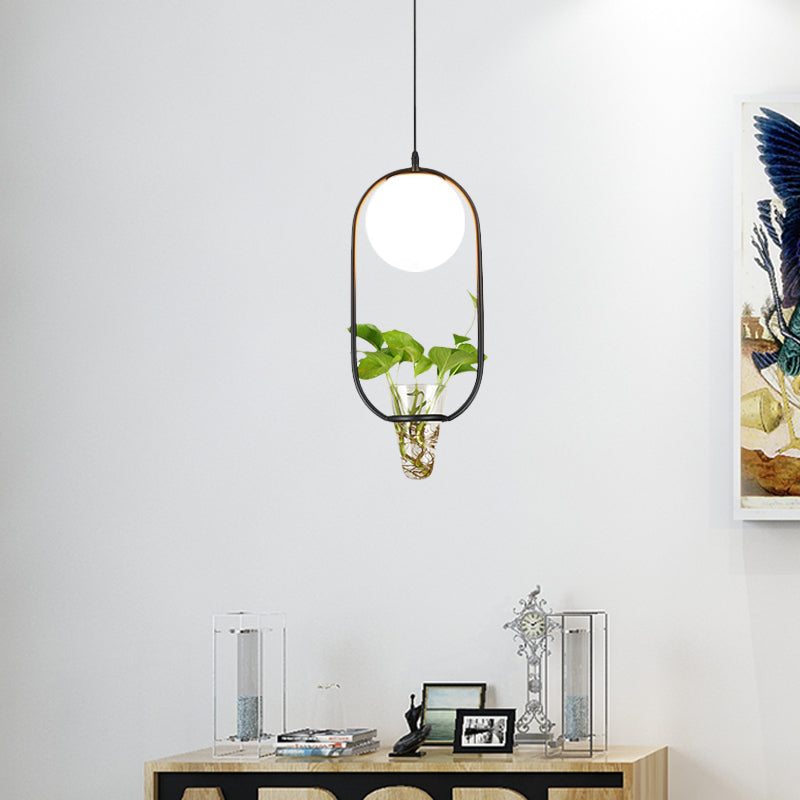 Opal Glass Pendant Light with Oblong Cage and Plant Cup - Modern Loft Style - Black/Grey/Gold - Ideal for Living Room