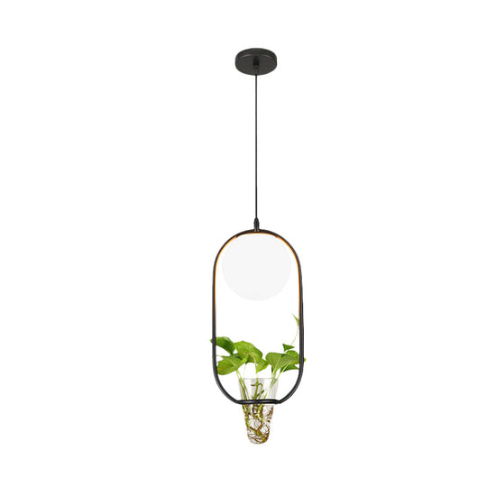 Opal Glass Pendant Light with Oblong Cage and Plant Cup - Modern Loft Style - Black/Grey/Gold - Ideal for Living Room