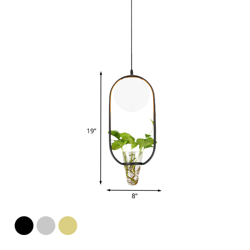 Opal Glass Pendant Light with Oblong Cage and Plant Cup - Modern Loft Style - Black/Grey/Gold - Ideal for Living Room