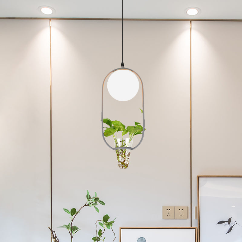 Modern Opal Glass Globe Pendant Light With Oblong Cage And Plant Cup - Contemporary 1 Head Hanging