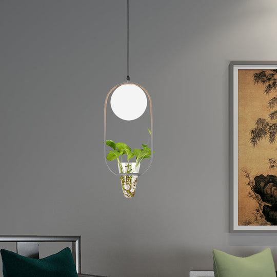 Opal Glass Pendant Light with Oblong Cage and Plant Cup - Modern Loft Style - Black/Grey/Gold - Ideal for Living Room