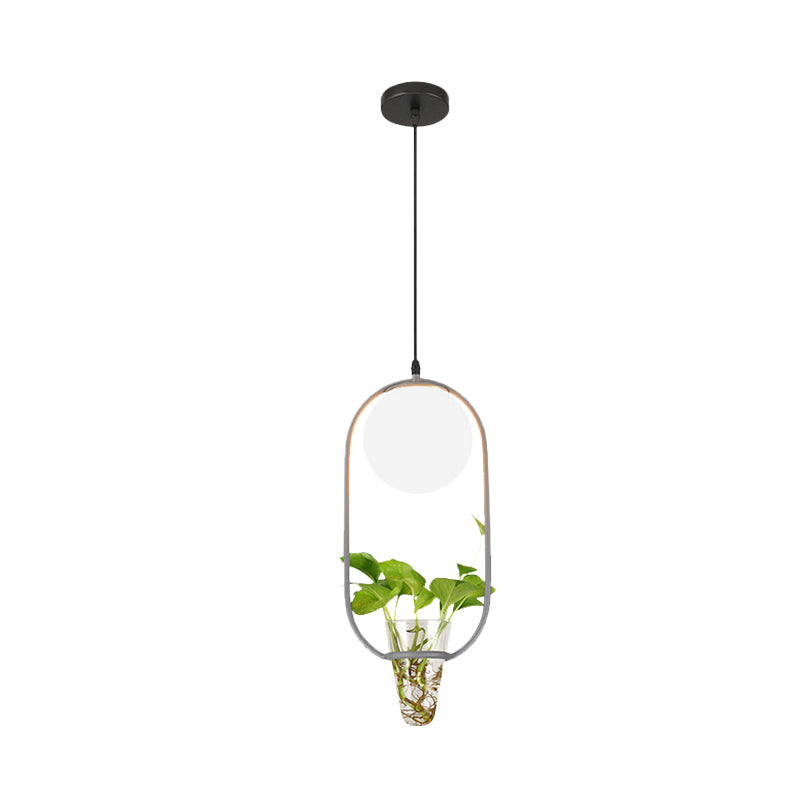 Opal Glass Pendant Light with Oblong Cage and Plant Cup - Modern Loft Style - Black/Grey/Gold - Ideal for Living Room