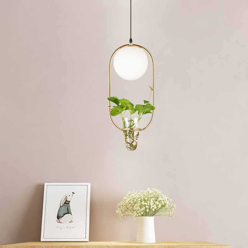 Opal Glass Pendant Light with Oblong Cage and Plant Cup - Modern Loft Style - Black/Grey/Gold - Ideal for Living Room