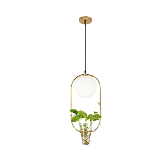 Opal Glass Pendant Light with Oblong Cage and Plant Cup - Modern Loft Style - Black/Grey/Gold - Ideal for Living Room