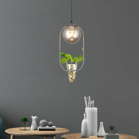 Industrial Smoke Gray Glass Pendant Lamp with Oval Cage and Plant Cup" - One-Bulb Ceiling Light in Black/Grey/Gold.