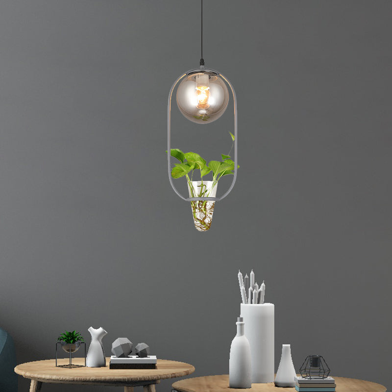 Industrial Global Hanging Ceiling Light - Smoke Gray Glass Pendant Lamp With Oval Cage And Plant Cup