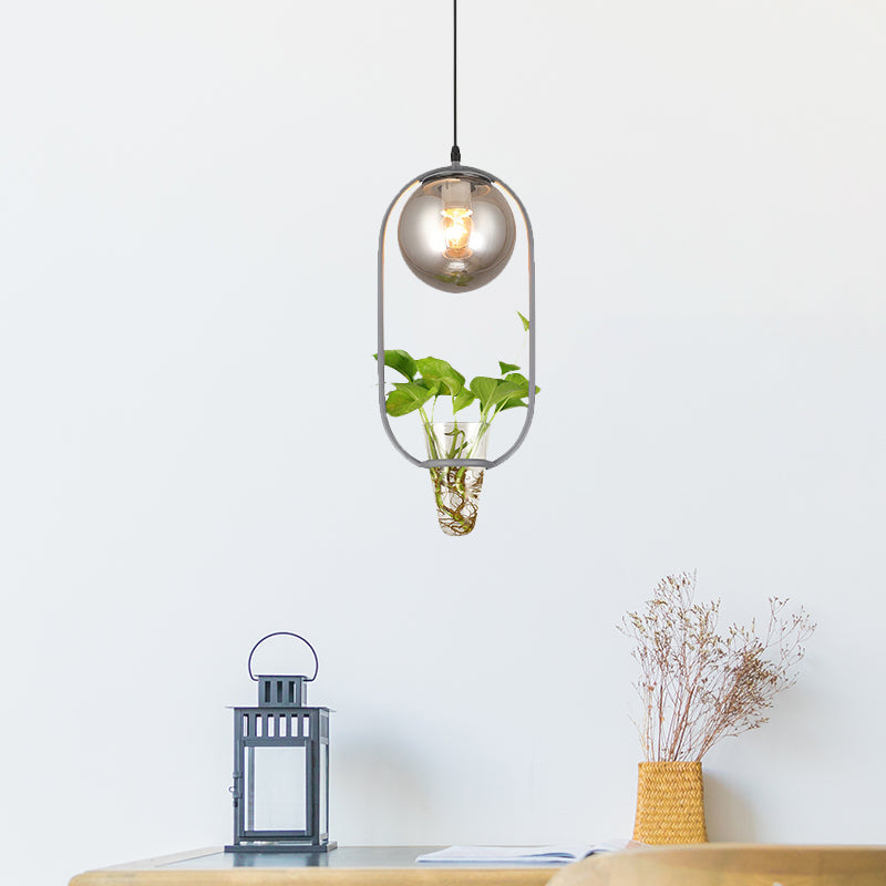 Industrial Global Hanging Ceiling Light - Smoke Gray Glass Pendant Lamp With Oval Cage And Plant Cup