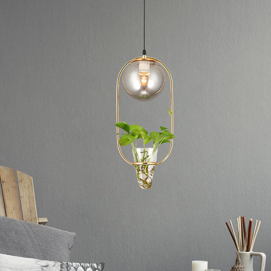 Industrial Smoke Gray Glass Pendant Lamp with Oval Cage and Plant Cup" - One-Bulb Ceiling Light in Black/Grey/Gold.