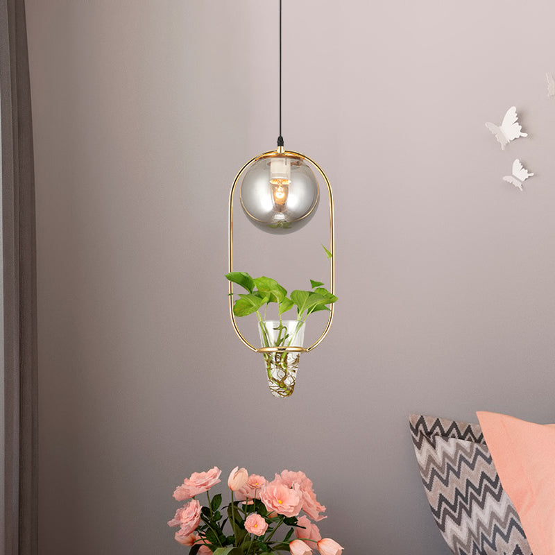 Industrial Smoke Gray Glass Pendant Lamp with Oval Cage and Plant Cup" - One-Bulb Ceiling Light in Black/Grey/Gold.