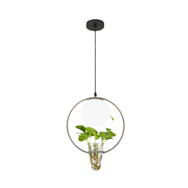 1-Head Factory Sphere Hanging Pendant Ceiling Light In Black/Grey/Gold With White Glass Round/Oval