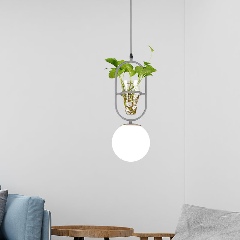 Elegant Elliptical Iron Pendant Lamp with Sphere Cream Glass Shade - Bedroom Hanging Light in Black/Grey/Gold, including Plant Cup