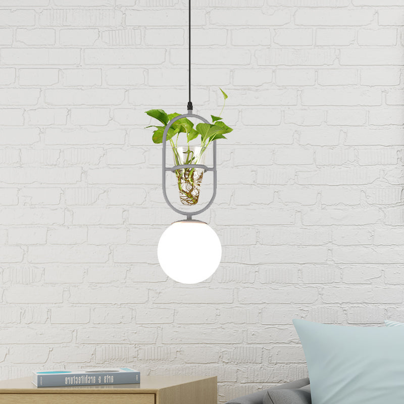 Elegant Elliptical Iron Pendant Lamp with Sphere Cream Glass Shade - Bedroom Hanging Light in Black/Grey/Gold, including Plant Cup