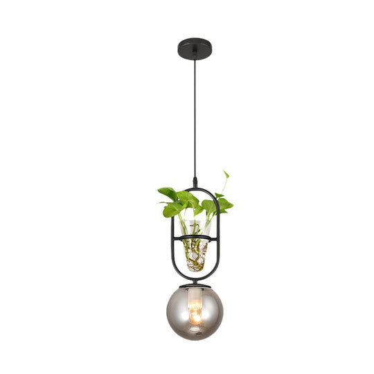 Sleek Opal/Smoke Gray Glass Ceiling Lamp - 1-Head Hanging Light in Black/Grey/Gold with Modern Oblong Frame and Plant Cup