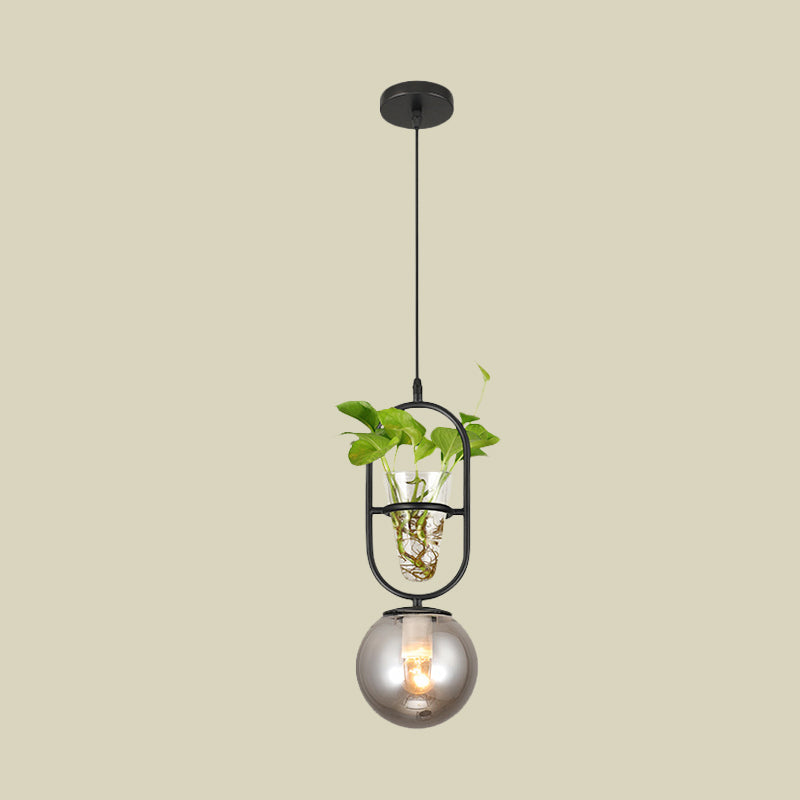 Sleek Opal/Smoke Gray Glass Ceiling Lamp - 1-Head Hanging Light in Black/Grey/Gold with Modern Oblong Frame and Plant Cup