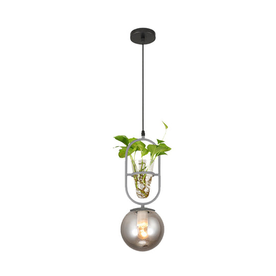 Sleek Opal/Smoke Gray Glass Ceiling Lamp - 1-Head Hanging Light in Black/Grey/Gold with Modern Oblong Frame and Plant Cup