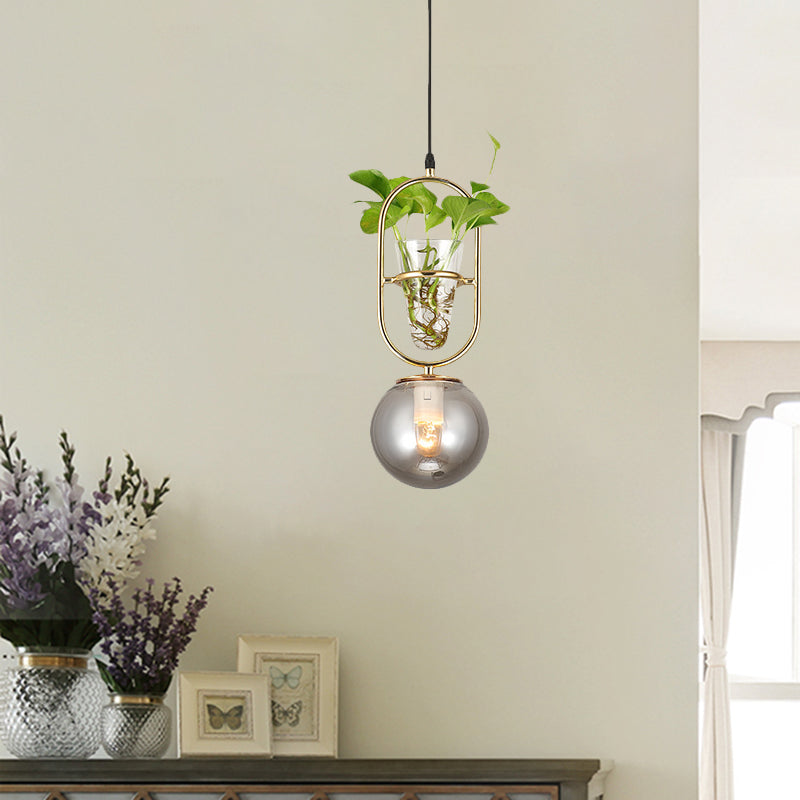 Sleek Opal/Smoke Gray Glass Ceiling Lamp - 1-Head Hanging Light in Black/Grey/Gold with Modern Oblong Frame and Plant Cup