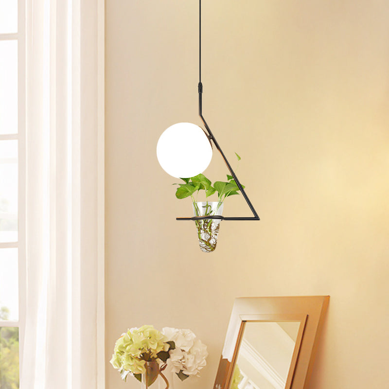 Farmhouse Ball Pendant Light with Milk Glass Shade - Black/Grey/Gold Finish, includes Plant Cup