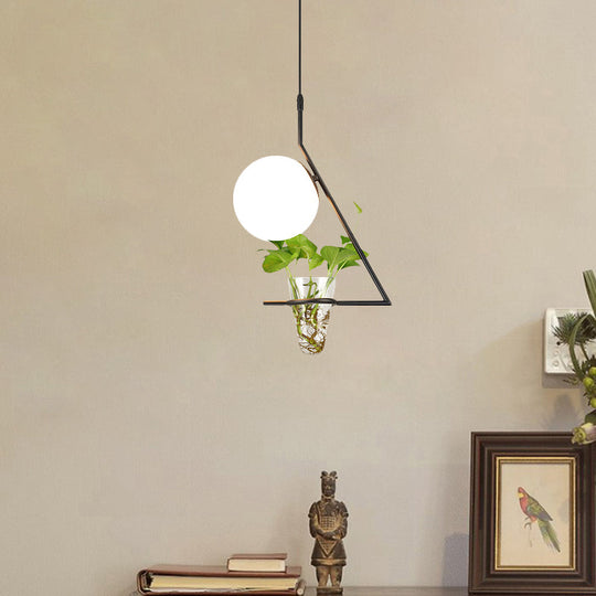 Farmhouse Ball Pendant Light with Milk Glass Shade - Black/Grey/Gold Finish, includes Plant Cup