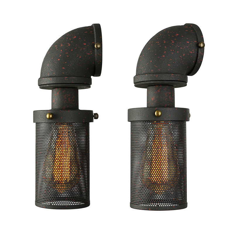 Industrial Black Mesh Cylinder Wall Sconce With Metal Pipe - Bedroom Lighting Fixture