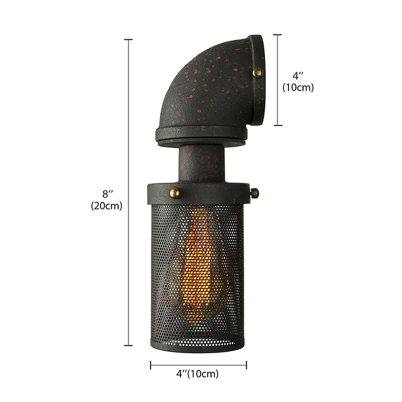 Industrial Black Mesh Cylinder Wall Sconce With Metal Pipe - Bedroom Lighting Fixture