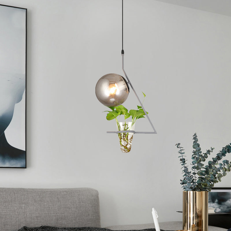 Industrial Smoke Gray Glass Sphere Bedroom Suspension Light with Plant Cup