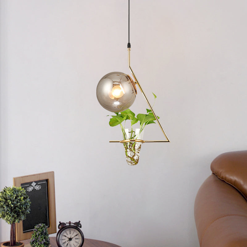 Industrial Smoke Gray Glass Sphere Bedroom Suspension Light with Plant Cup