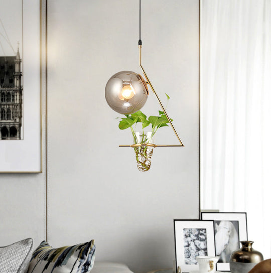 Industrial Smoke Gray Glass Sphere Bedroom Suspension Light with Plant Cup