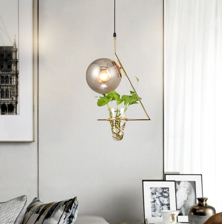 Industrial Smoke Gray Glass Sphere Bedroom Suspension Light With Plant Cup