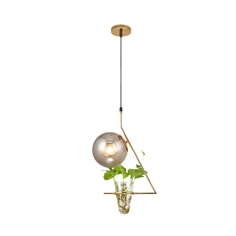 Industrial Smoke Gray Glass Sphere Bedroom Suspension Light with Plant Cup