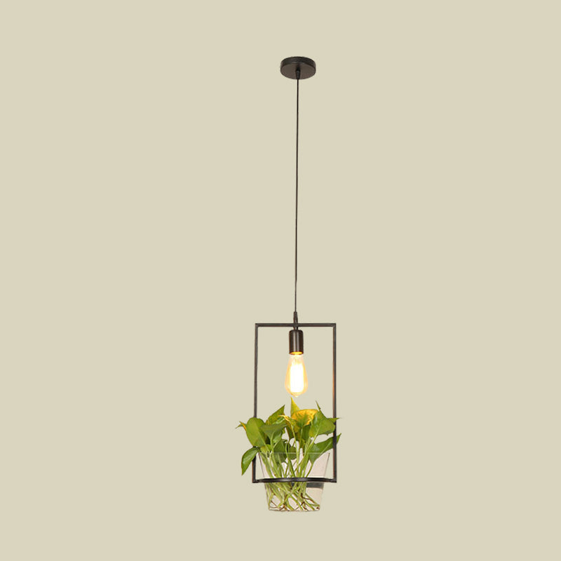 Black Retro Iron Pendant Light With Potted Plant - Perfect For Restaurants