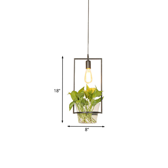 Black Retro Iron Pendant Light With Potted Plant - Perfect For Restaurants