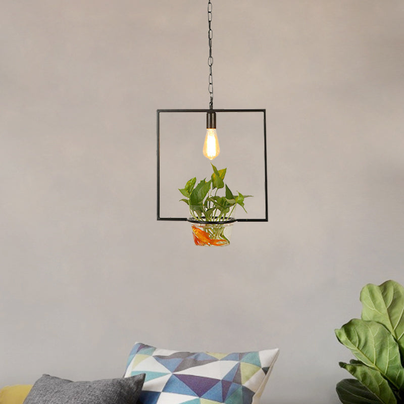 Retro Black 1-Head Pendant Light with Iron Square/Round/Gourd Design for Restaurant Décor