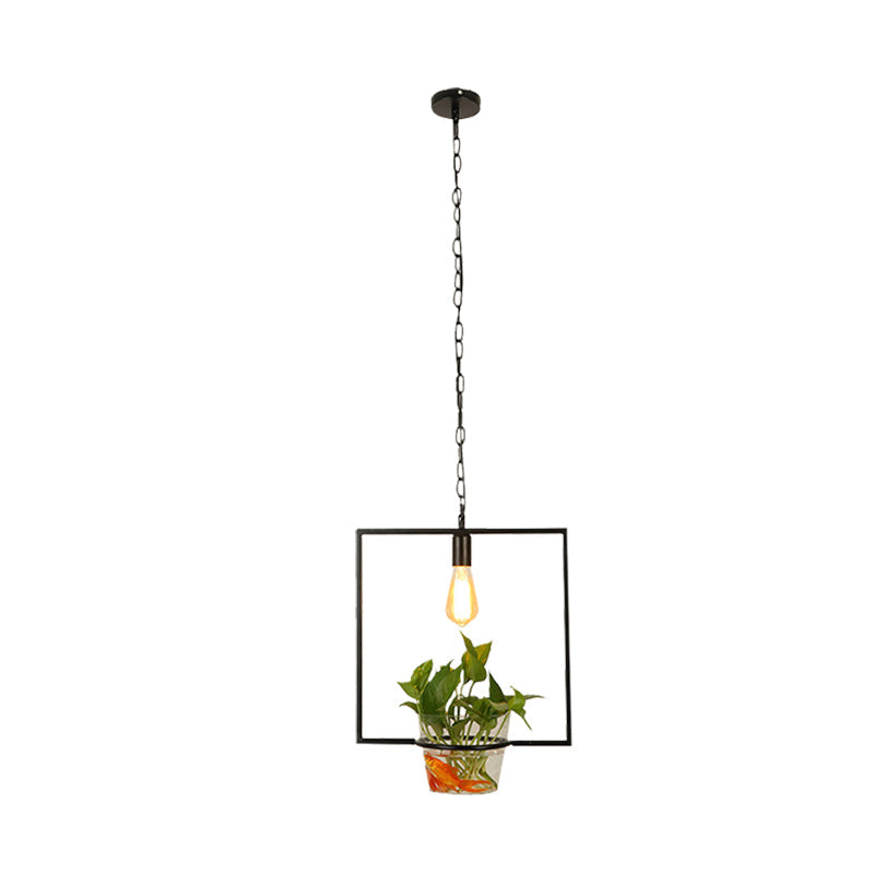 Retro Black 1-Head Pendant Light with Iron Square/Round/Gourd Design for Restaurant Décor