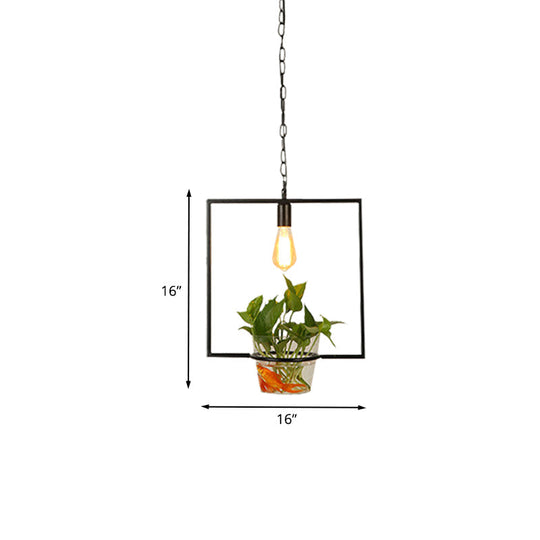 Retro Black 1-Head Pendant Light with Iron Square/Round/Gourd Design for Restaurant Décor