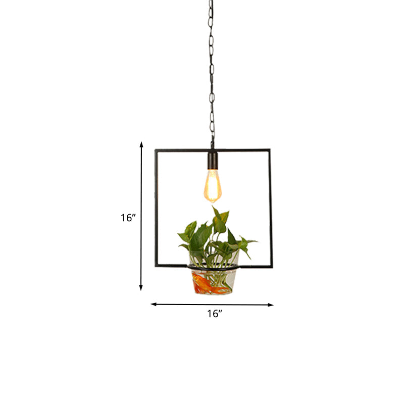 Black Retro Iron Pendant Light With Potted Plant - Perfect For Restaurants