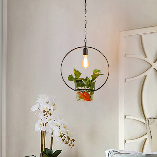 Black Retro Iron Pendant Light With Potted Plant - Perfect For Restaurants / C