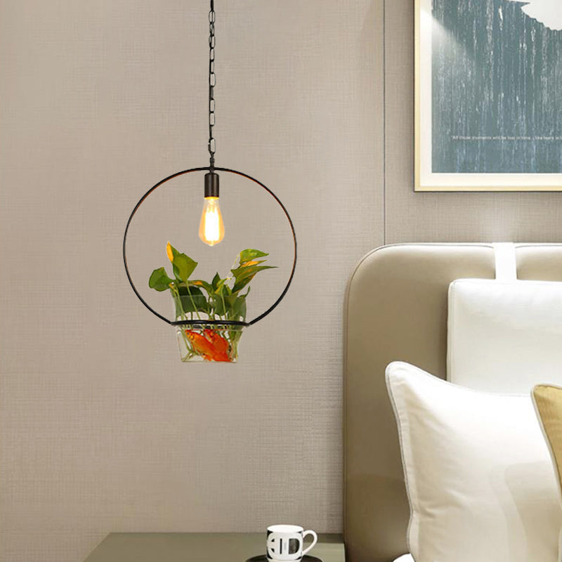 Black Retro Iron Pendant Light With Potted Plant - Perfect For Restaurants