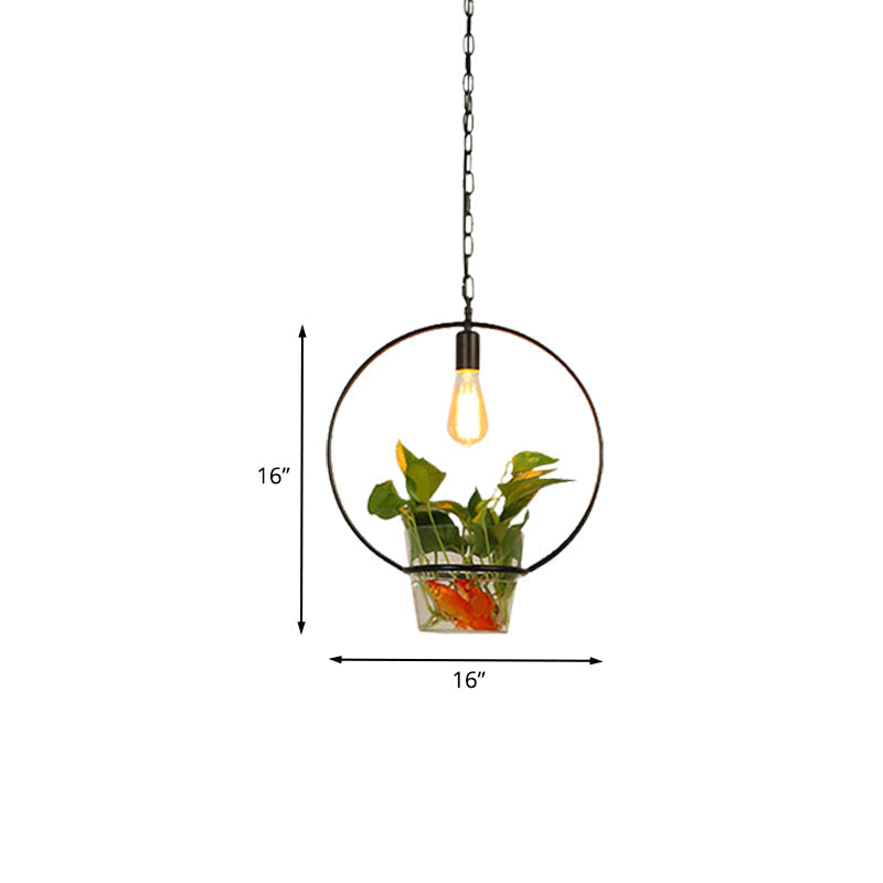 Black Retro Iron Pendant Light With Potted Plant - Perfect For Restaurants