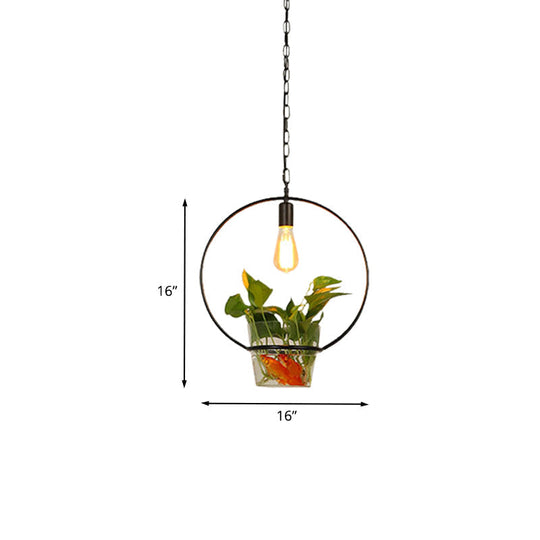 Black Retro Iron Pendant Light With Potted Plant - Perfect For Restaurants