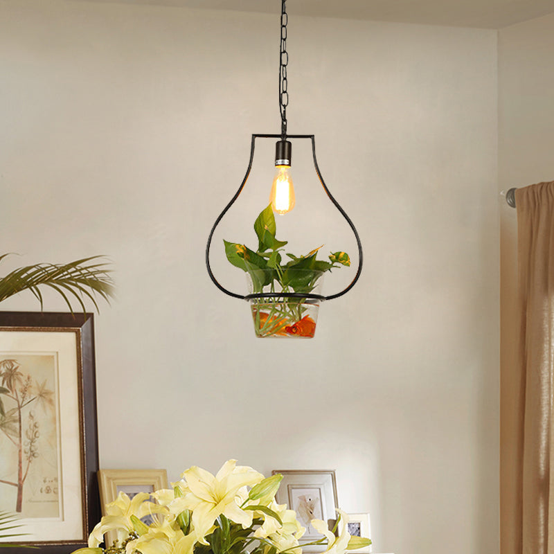 Black Retro Iron Pendant Light With Potted Plant - Perfect For Restaurants